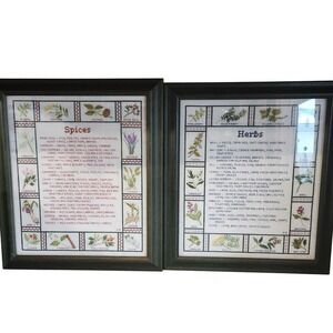 Framed Cross Stitch Spice and Herb Charts Kitchen Decor Vintage Botanical Art